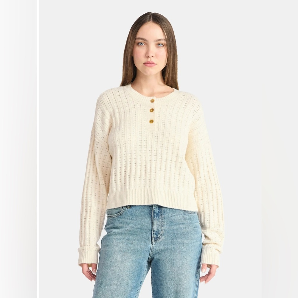 No Boundaries Pointelle Henley Sweater Cream - Size XS NWOT
